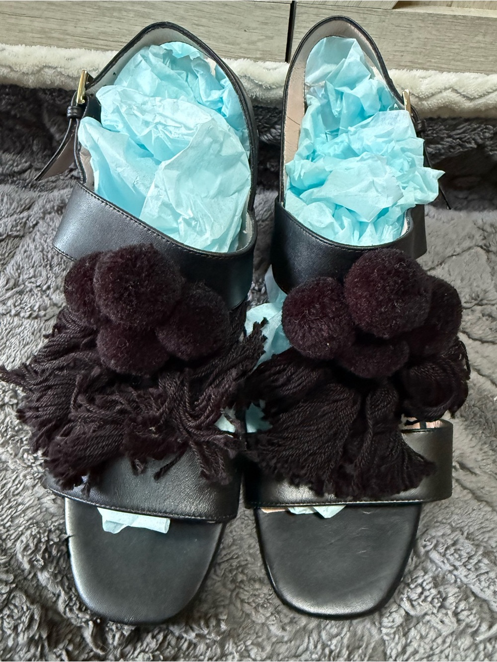 Kate Spade New York-Black leather boho tassel block sandals - “Central Too”(8)